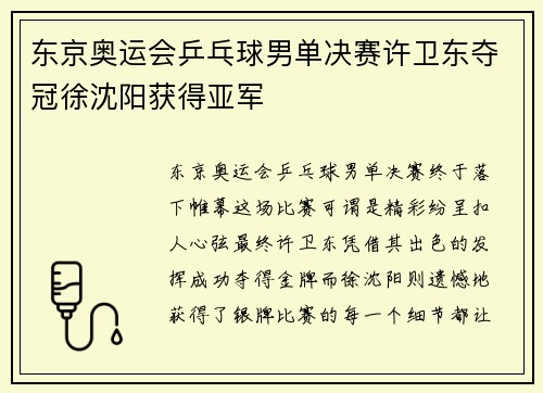 东京奥运会乒乓球男单决赛许卫东夺冠徐沈阳获得亚军